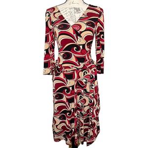 AB Studio Tan & Red Fitted V neck Woman’s Dress Size S